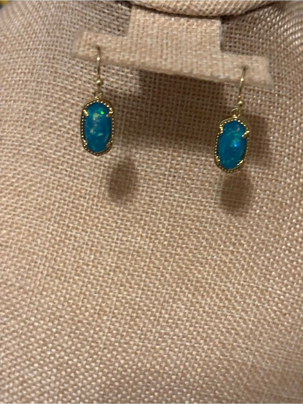 Kendra Scott Gold Dainty Drop Earrings with Bright Teal Blue Stones